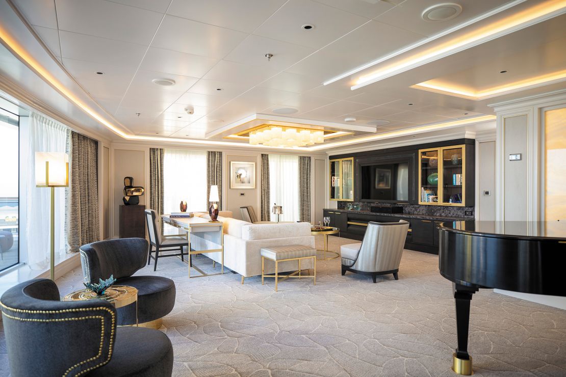 The living room area of the Regent Suite, available for $1.7 million on Regent Seven Seas Cruises' upcoming 2027 world cruise.
