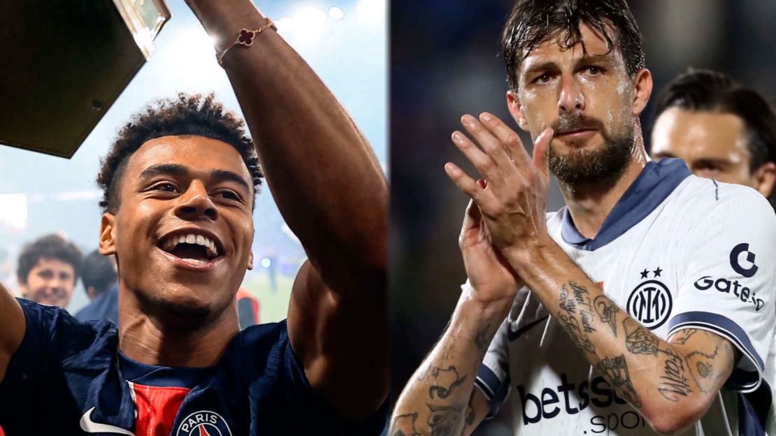 Désiré Doué (derecha) es una de las figuras jóvenes del PSG y sco Acerbi (derecha) uno de los veteranos del Inter. (Fotos de Franck Fife/Marco Luzzani)