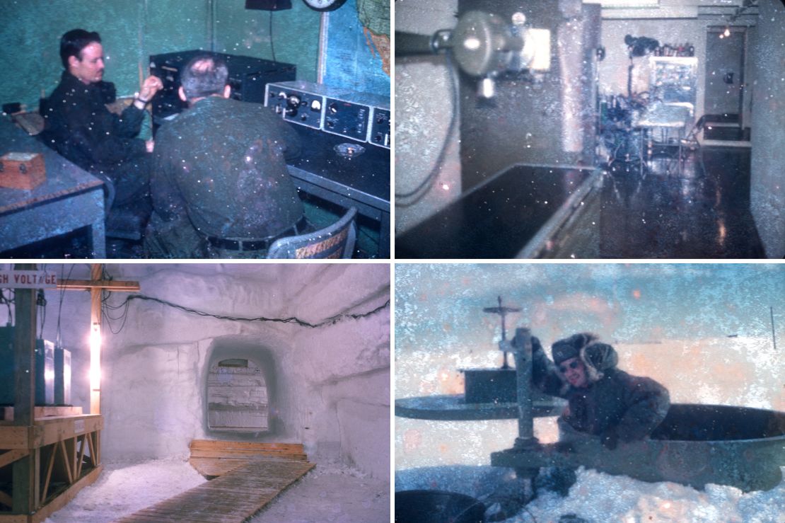 (Clockwise from top left) A ham radio operator is seen at Camp Century. Weiss remembers sitting for hours with the radio operator in attempts to speak to family. Communication was dependent on weather conditions and time of day. The X-ray table is seen at the dispensary, where Weiss worked. Weiss exits one of Camp Century's escape hatches. A side tunnel is seen within the research base.