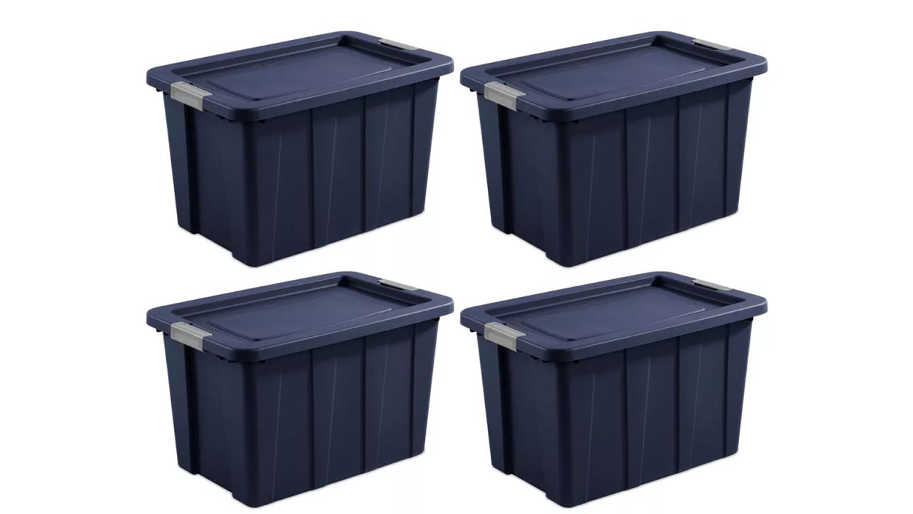 Sterilite Tuff1 30 Gallon Plastic Stackable Basement Garage Attic Storage Organizer Tote Container Bin with Latching Lid, Dark Indigo Blue (4 Pack) .jpg