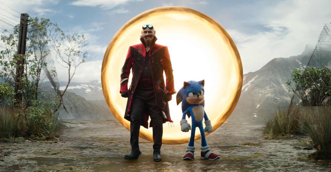 Jim Carrey as Ivo Robotnik and Sonic (voiced by Ben Schwartz) in 