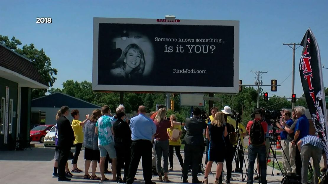 A billboard calling for information on Jodi Huisentruit's dissappearance is seen in 2018.