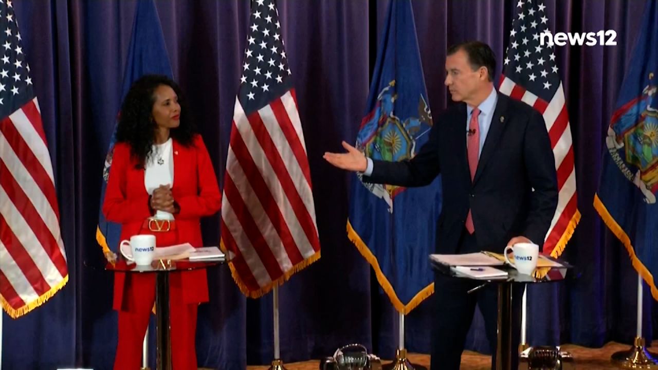 In this screengrab from video, candidates for New York's 3rd congressional district Mazi Pilip and Tom Suozzi square off at a town hall style debate hosted by News 12’s Rich Barrabi just days before the special election for George Santos’ vacant House seat on Thursday, February 8, 2024.