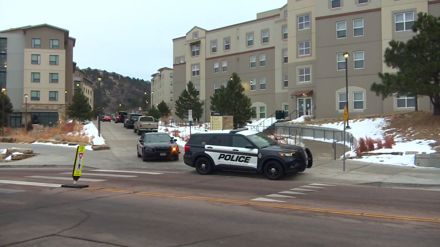 Police are seen at the scene of a shooting at the University of Colorado in Colorado Springs on February 16, 2024.