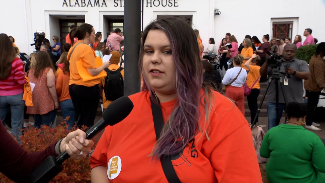 Gabbie Price speaks during a rally at the Alabama State House in Montgomery, Alabama, on February 28, 2024.