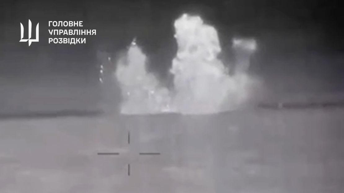 A fire on board the 1,300-ton Russian patrol ship Sergei Kotov is pictured in video released by Ukrainian defense intelligence.