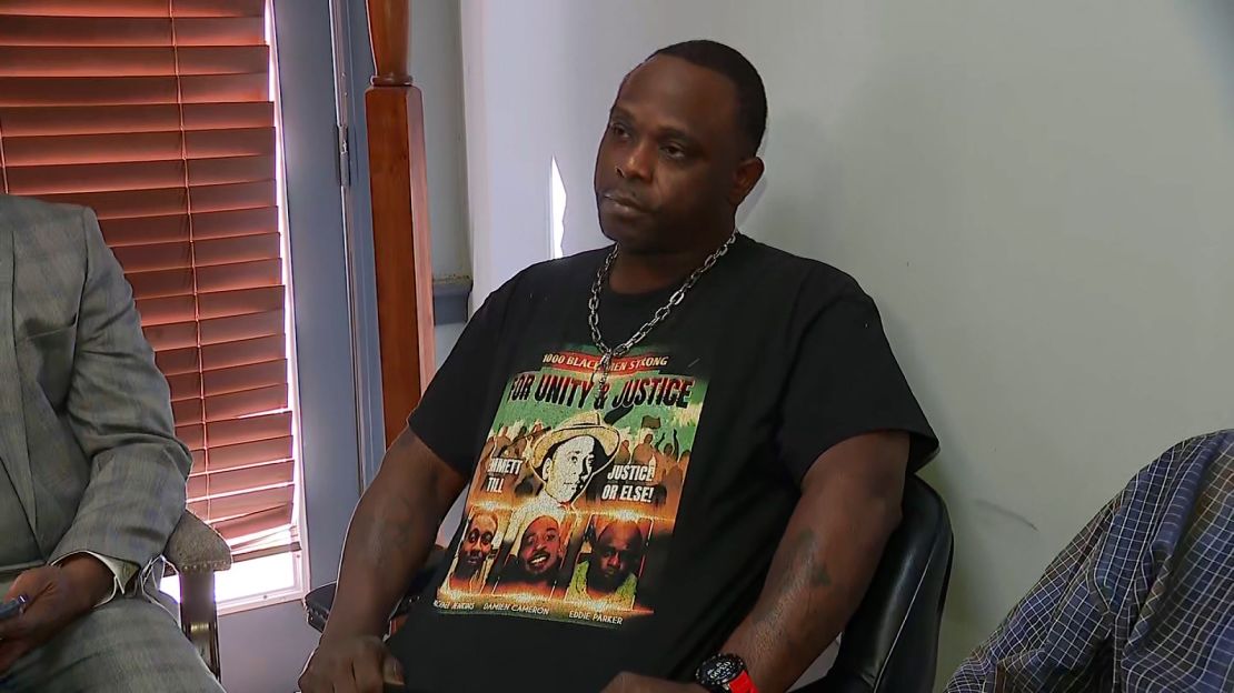 Eddie Parker wears a T-shirt showing a photo of Emmett Till.