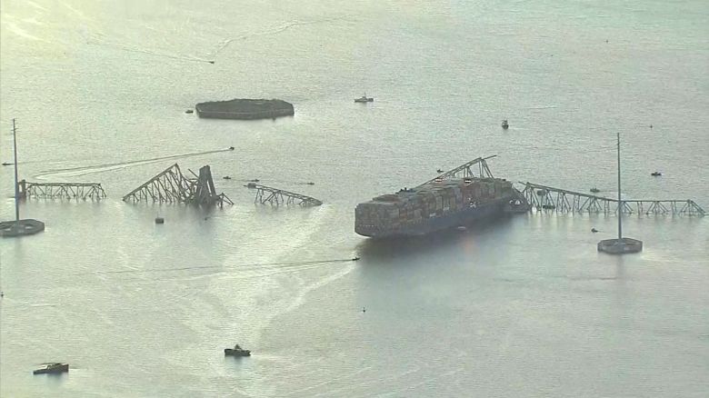 An aerial view shows the scene of a bridge collapse after a vessel struck the Francis Scott Key bridge in Baltimore on March 26.