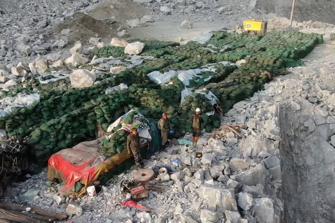 Drone footage shows workers at the Zhonghe quarry in Hualien before their rescue on April 4, 2024.