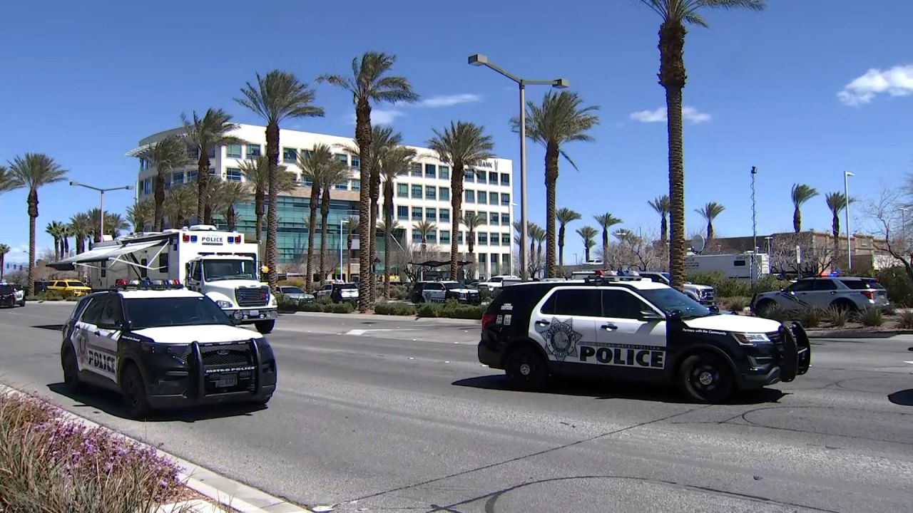 Police are seen at the scene of a shooting in Summerlin, Nevada, on April 8, 2024.