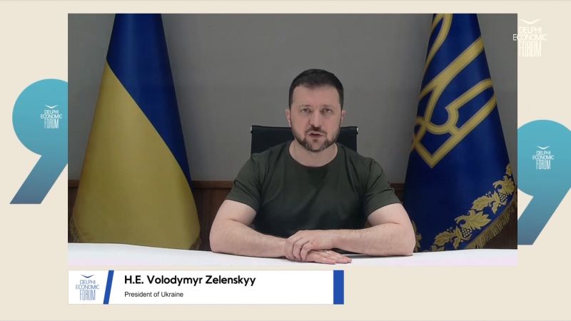 Ukrainian President Zelensky is pictured speaking from Ukraine during an interview with CNN’s Fred Pleitgen, who is at the Delphi Economic Forum in Greece.