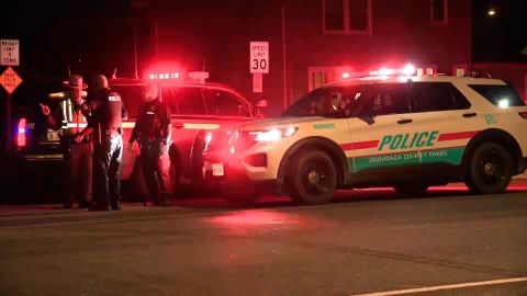 A screengrab from video shows police operations near the scene where two on-duty law enforcement officers and a suspect died Sunday after an exchange of gunfire during an investigation in upstate New York, Syracuse Police Chief Joseph Cecile said.