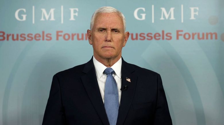 Former Vice President Mike Pence takes part in an interview with CNN from Brussels, Belgium on Thursday, April 18.