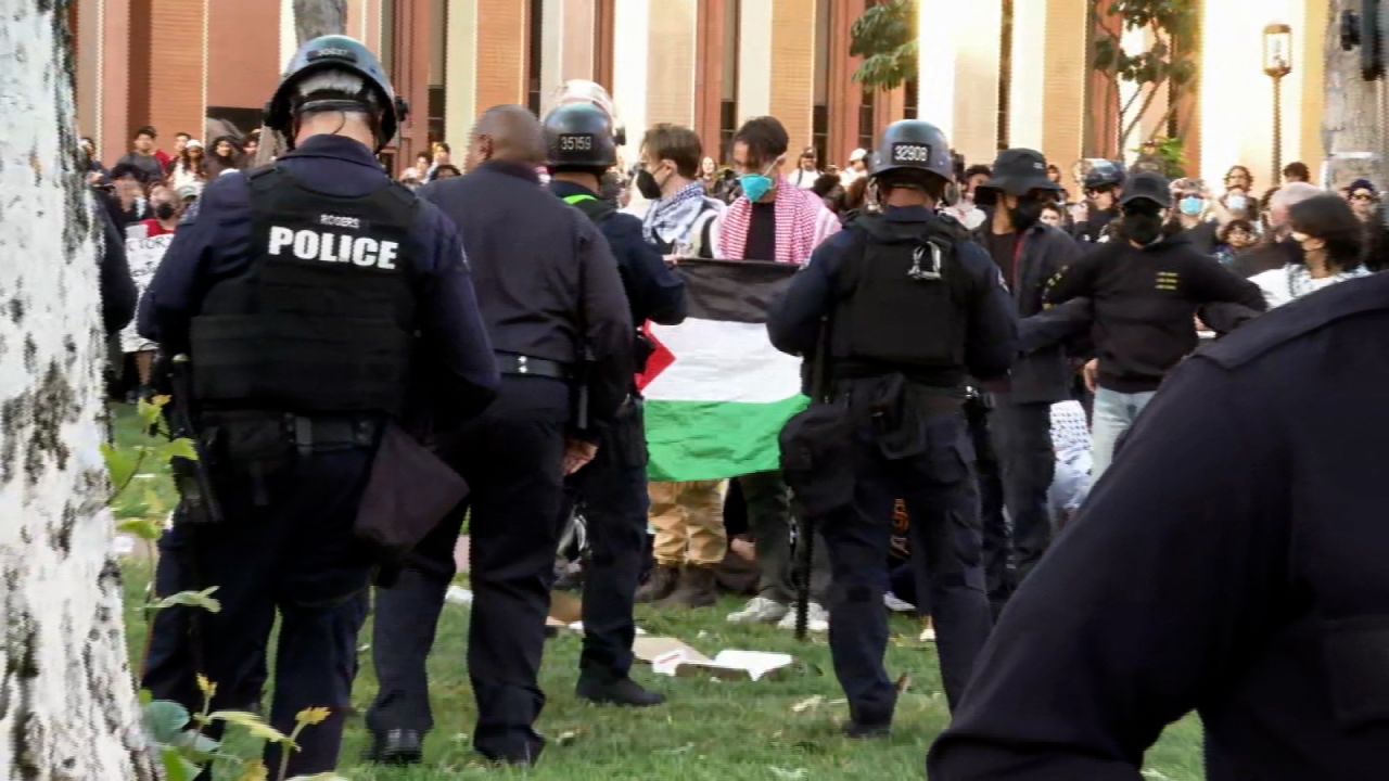 Police and protestors face off at USC on Wednesday, April 24.