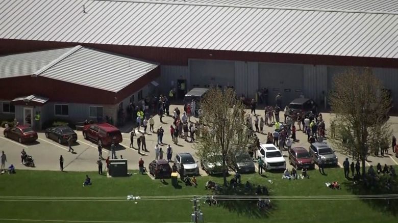 The scene outside a Mount Horeb middle school in Mount Horeb, Wisconsin on Wednesday morning, after police used “deadly force” after a student brought a weapon near the school.