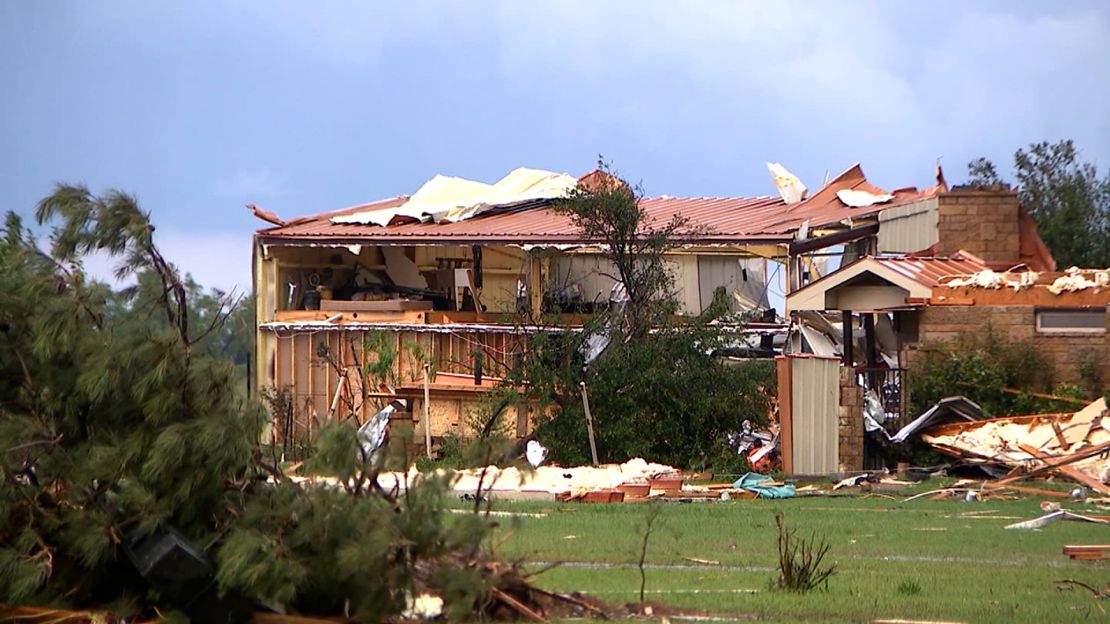 A home damaged by storms Thursday in between Hawley and Hodges, Texas.