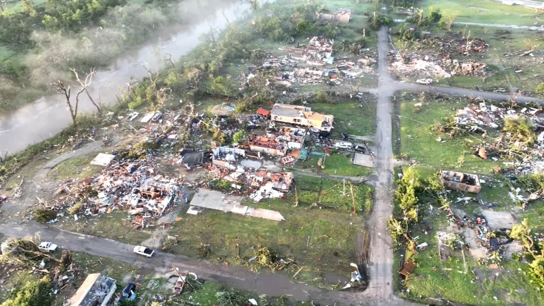 Tornado damage seen from above Barnsdall, Oklahoma, on May 7, 2024.