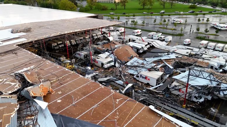 In a screengrab taken from a drone video, wreckage from a tornado is seen at a FedEx building in Portage, Michigan on Tuesday, May 7, 2024.
