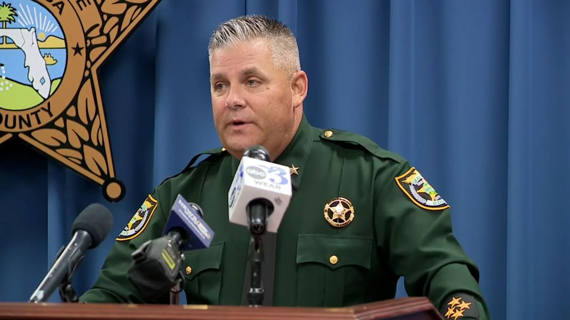 Okaloosa Sheriff Eric Aden speaks during a press conference in Fort Walton Beach, Florida, on May 9, 2024.