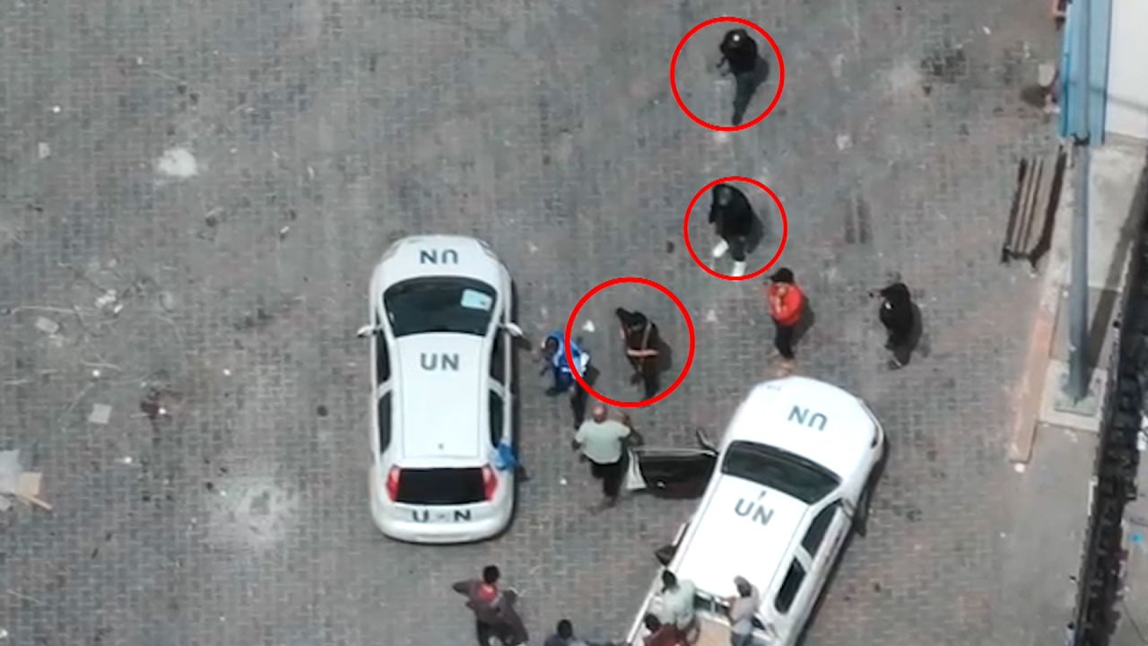 Drone footage published by the IDF on Tuesday, and geolocated by CNN, shows the armed men near UN-marked vehicles at an UNRWA logistics facility in Rafah, which served as a key aid distribution point.