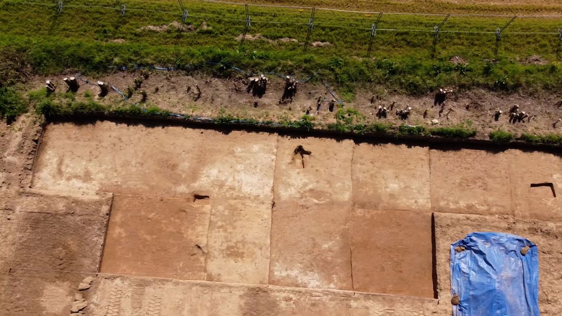 An aerial view of the site in France where researches are looking for the remains of the downed air crew.