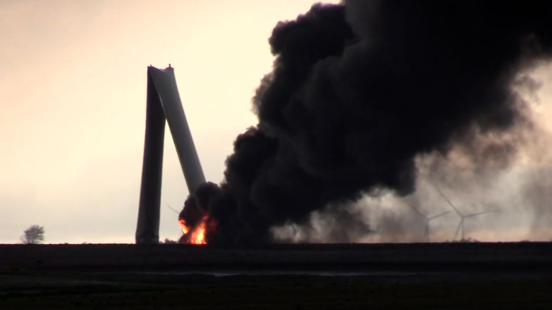 A damaged wind turbine is seen north of Prescott, Iowa, on May 21, 2024.