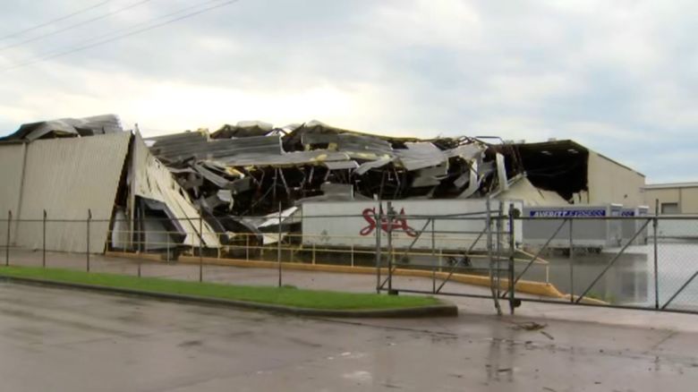 Storm damage to a warehouse is seen in Terrell, Texas, on May 28, 2024.