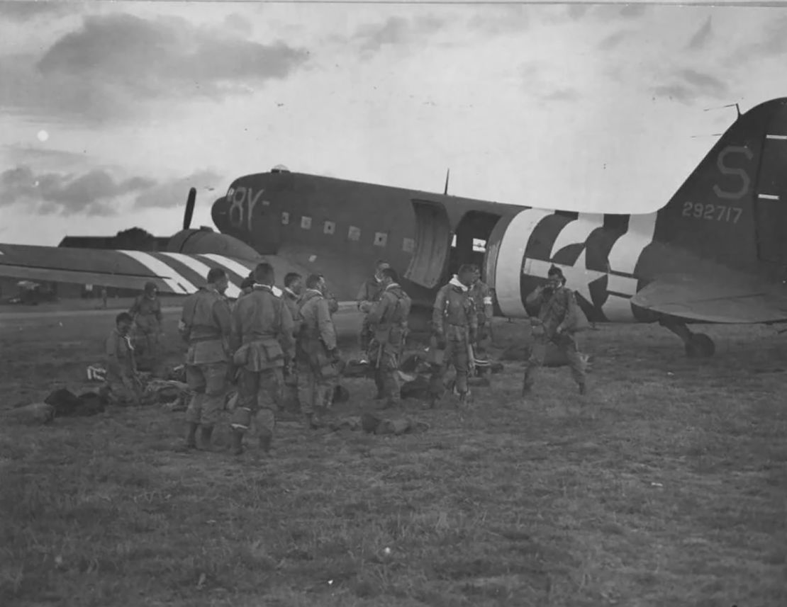 A C-47 is shown at an unidentified airfield in the United Kingdom.