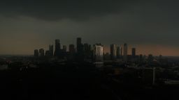The Houston skyline is seen as a storm rolls in on May 28, 2024.