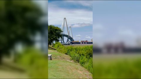 A still picture taken from a video shows a container ship stuck in “full throttle” heading toward the Arthur Ravenel Jr. Bridge in Mt. Pleasant, South Carolina on June 5, 2024.