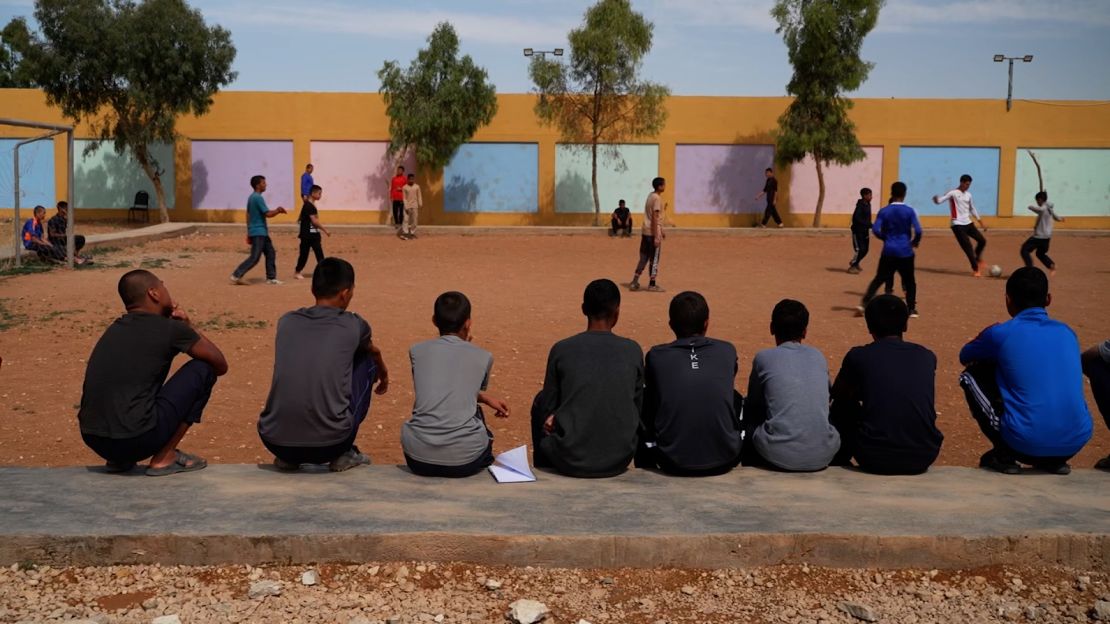 Boys play soccer in the courtyard of the Orkesh “rehabilitation” center, where the sons of ISIS supporters are detained.