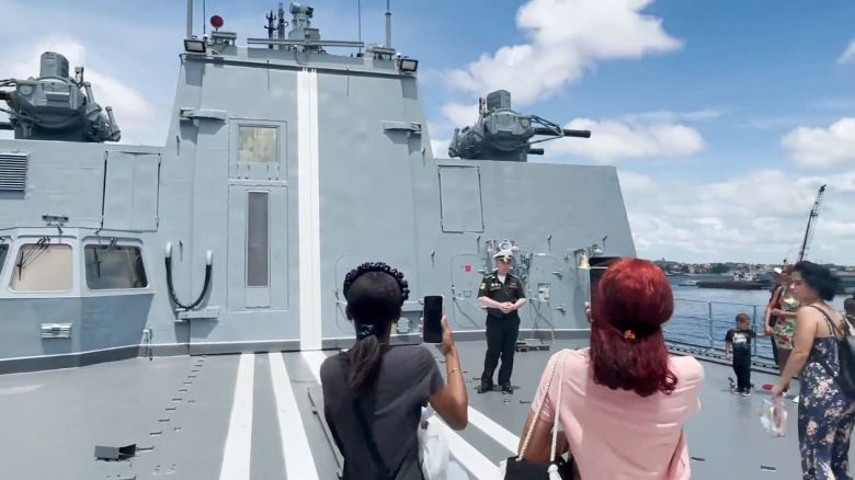 People take a tour of the Admiral Gorshkov frigate in Havana.