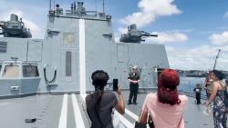 People take a tour of the Admiral Gorshkov frigate in Havana.