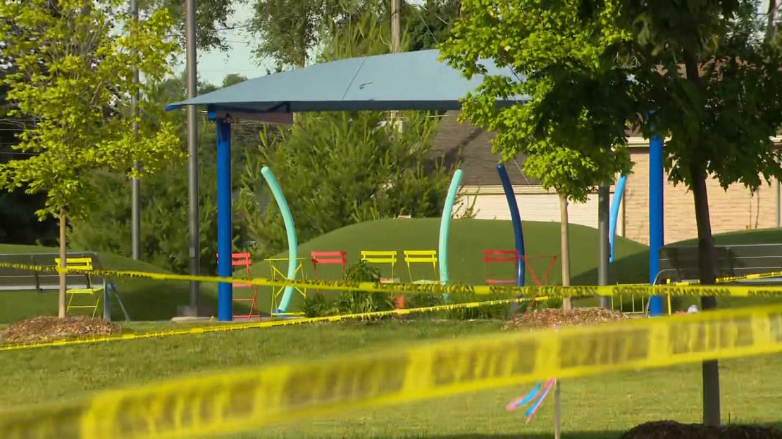The scene of a shooting at the Brooklands Plaza Splash Pad in Rochester Hills, Michigan, on Saturday, June 15, 2024.