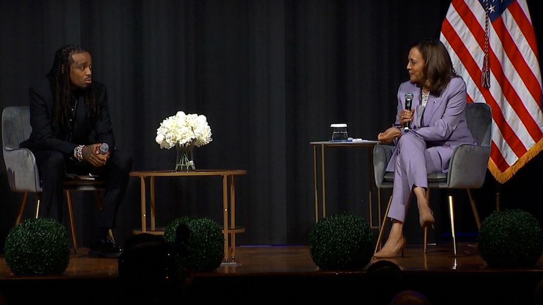 Quavo and Vice President Harris appear on stage at the Carter Center in Atlanta, Georgia on Tuesday, June 18, to mark National Gun Violence Awareness Month.