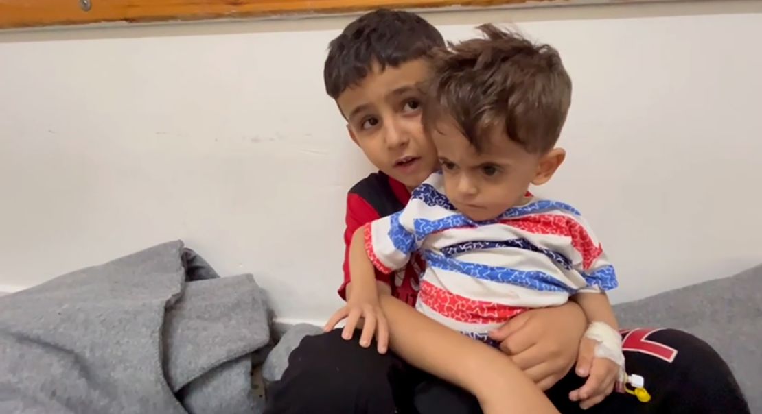 Brothers Amjad, aged 2, and Ahmad, aged 7, are shown in Nasser Hospital, southern Gaza, before their medical evacuation to Egypt. On Tuesday, the older Palestinian brother told CNN, 
