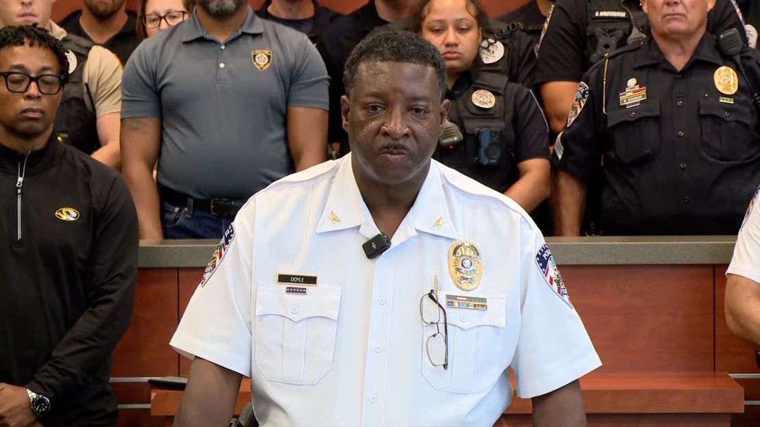 Ferguson Police Chief Troy Doyle speaks at a press conference on August 10, 2024.