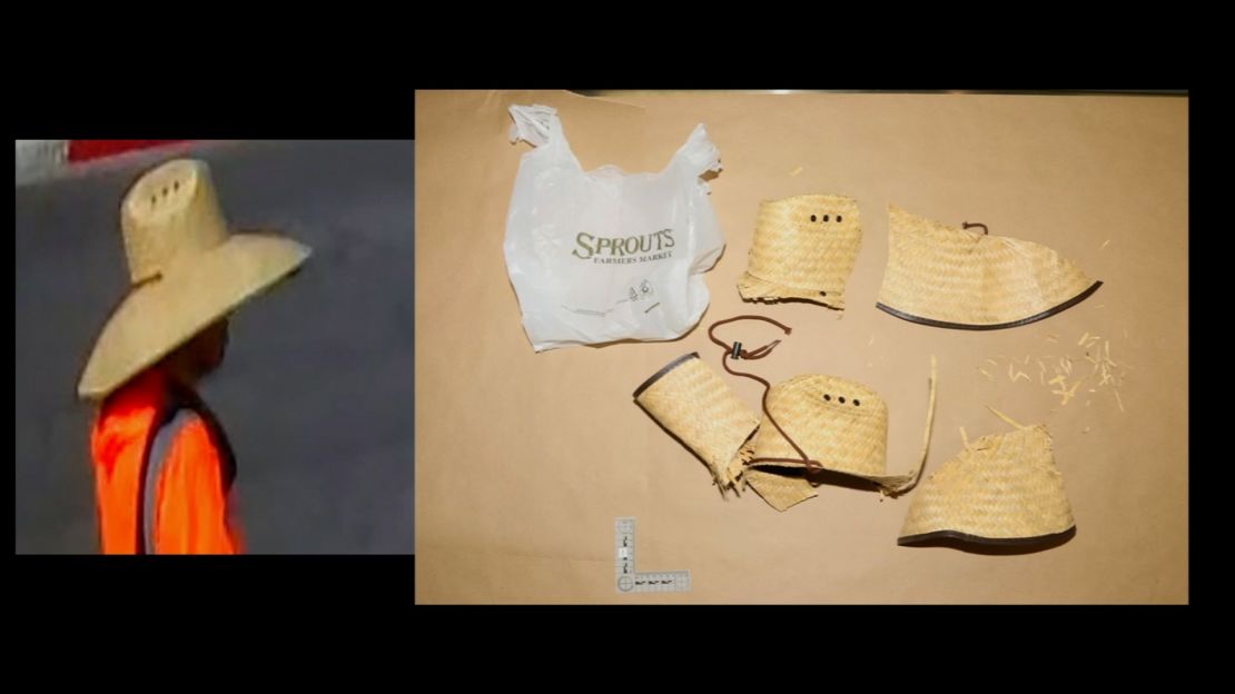 Surveillance video of the murder suspect, left, compared to a straw hat cut into pieces, right, that was found in a search of Robert Telles’ home. tidttiqzqiqkdprw qhiddrixhidhinv