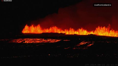 A still from a video shows a volcano erupting in southwestern Iceland on Thursday, August 22.