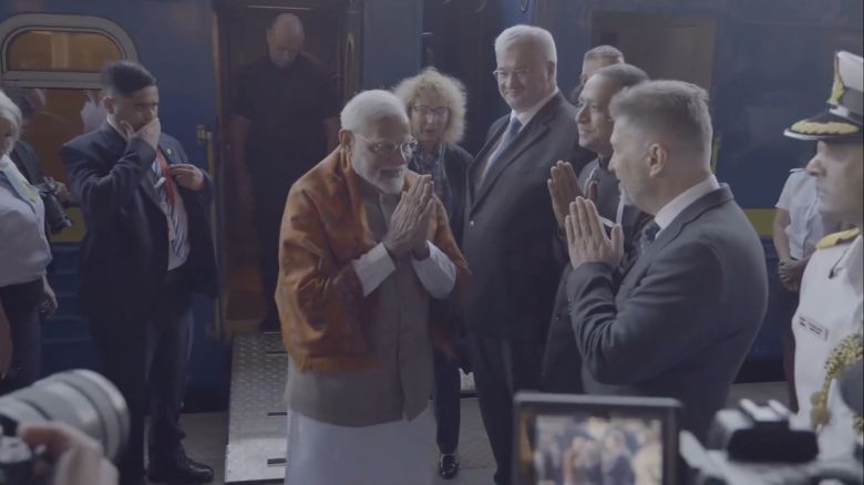 Indian Prime Minister Narendra Modi arrives in Kyiv by train on August 23.