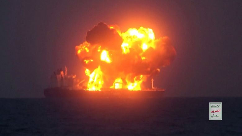 A screengrab of a video released by Yemen’s Houthis on August 21, 2024, shows fires onboard a Greek-flagged oil tanker that was attacked by the Houthi militants in the Red Sea.