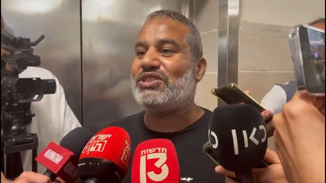 Gomaa, one of the brothers of the rescued hostage Farhan Al-Qadi, speaks to the media after leaving his brother’s room at the hospital in Beer Sheva.