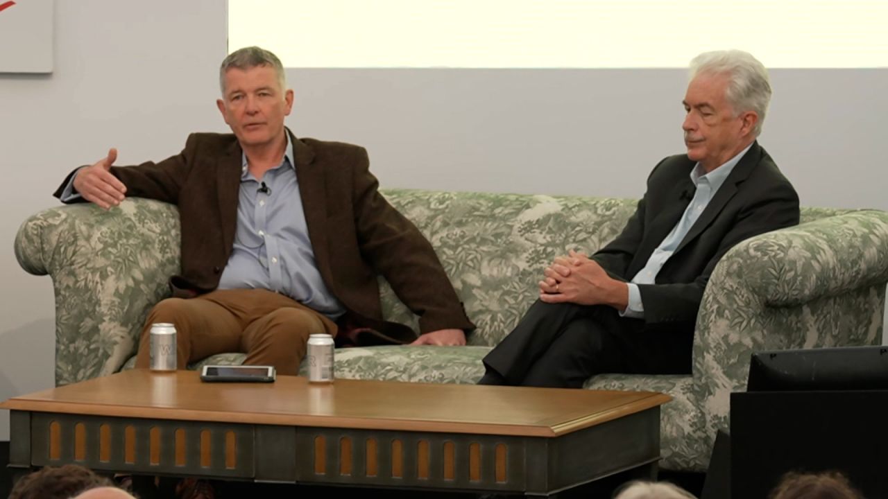 Britain's MI6 chief Richard Moore, left, and Bill Burns of the CIA make an unprecedented joint public appearance at Kenwood House in London on September 7, 2024.