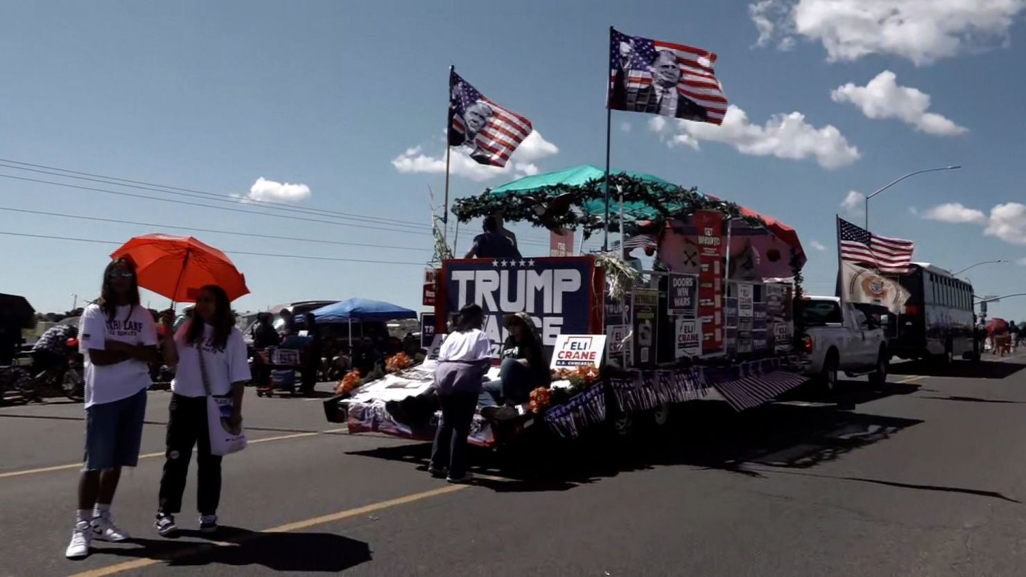 A float promoting Republican candidates moves through the Navajo Nation parade in Window Rock, Arizona, on Saturday, September 7, 2024.