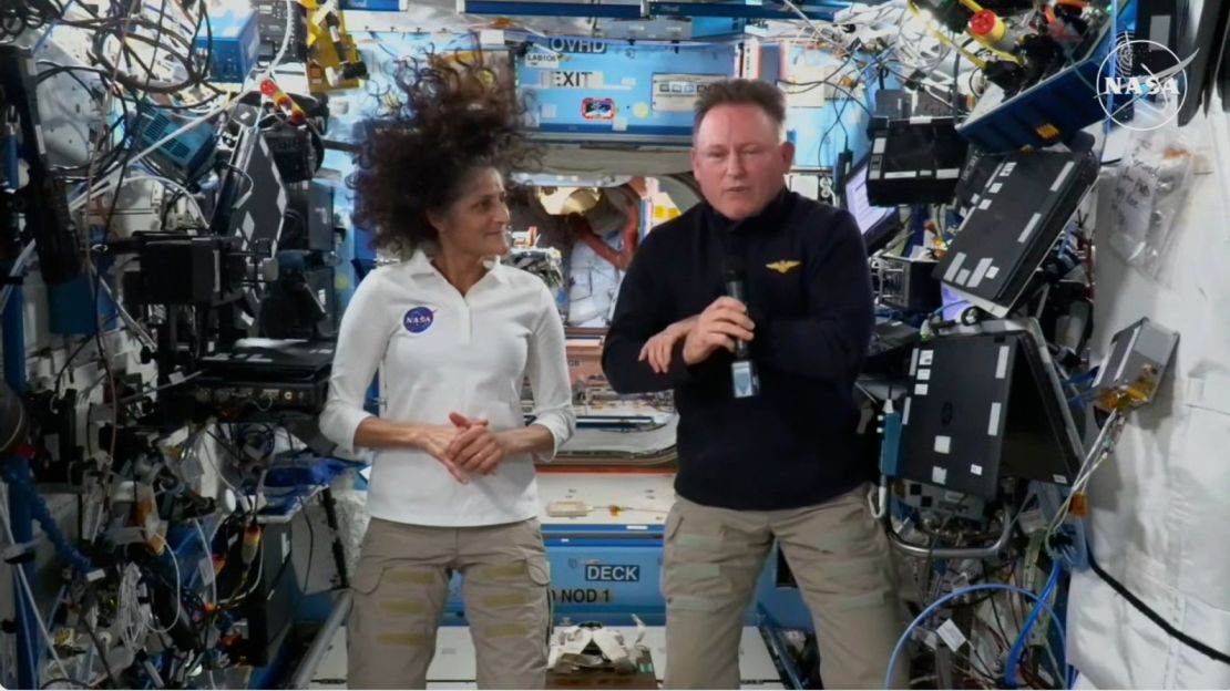 In this screen grab from video, astronauts Suni Williams (left) and Butch Wilmore attend a NASA press conference about Boeing Starliner in September 2024.