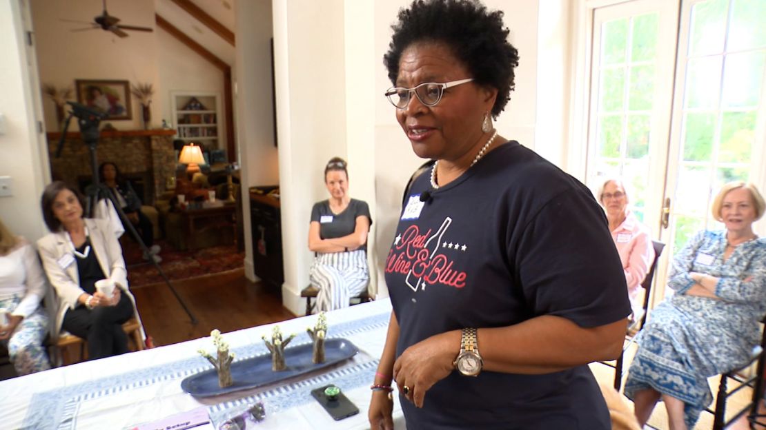 In this screengrab from video, Janice Robinson, the North Carolina program director of Red Wine & Blue, speaks at a recent house party in Charlotte.