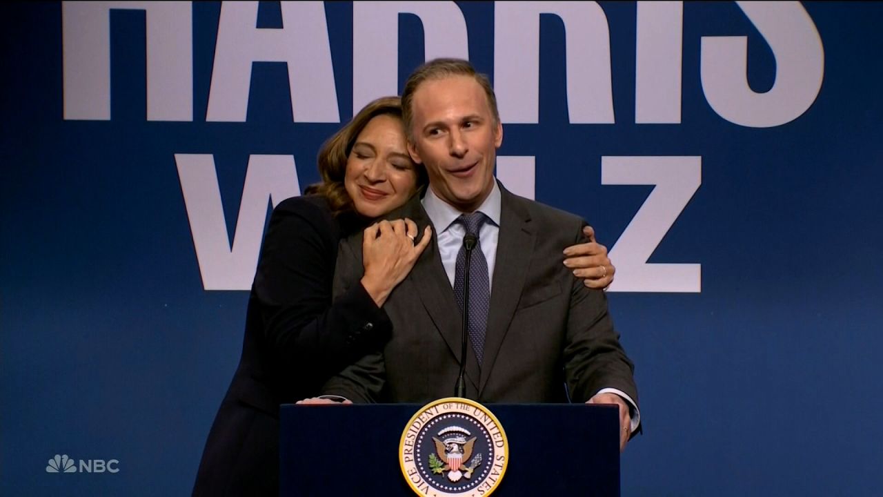 Maya Rudolph as Democratic presidential nominee Vice President Kamala Harris, left, and Andy Samberg as Doug Emhoff during the cold open of Saturday Night Live on September 28, 2024. 