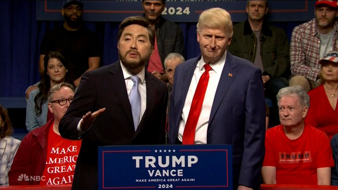 James Austin Johnson as Republican presidential nominee former President Donald Trump, right, and Bowen Yang as vice presidential nominee Sen. JD Vance during the cold open of 'Saturday Night Live' on September 28.