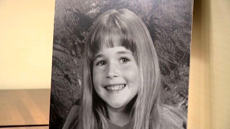 A photo of Morgan Nick,  who was abducted in 1995, displayed at the press conference announcing the identification of Billy Jack Links as a suspect.