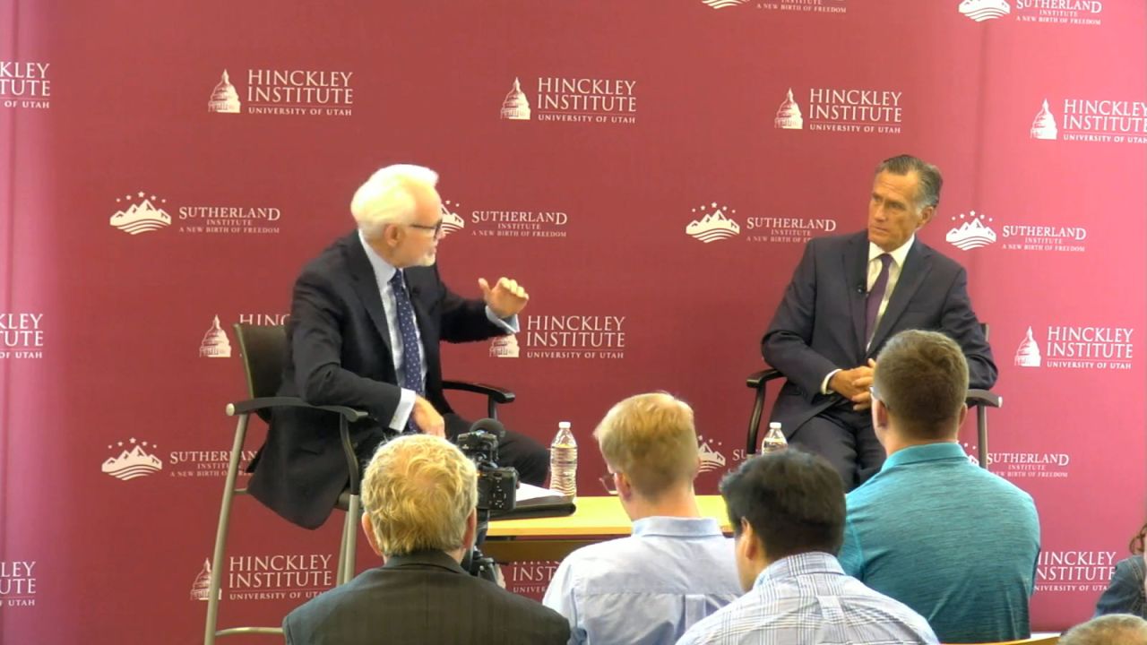 Sen. Mitt Romney participates in an event at University of Utah's Hinckley Institute of Politics on Tuesday, October 8.